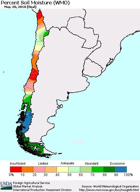 Chile Percent Soil Moisture (WMO) Thematic Map For 5/14/2018 - 5/20/2018