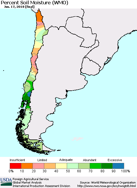 Chile Percent Soil Moisture (WMO) Thematic Map For 6/11/2018 - 6/17/2018