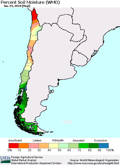 Chile Percent Soil Moisture (WMO) Thematic Map For 6/18/2018 - 6/24/2018