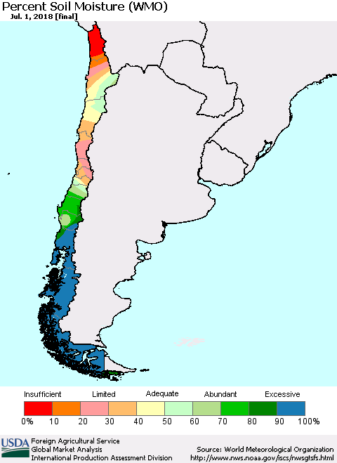 Chile Percent Soil Moisture (WMO) Thematic Map For 6/25/2018 - 7/1/2018