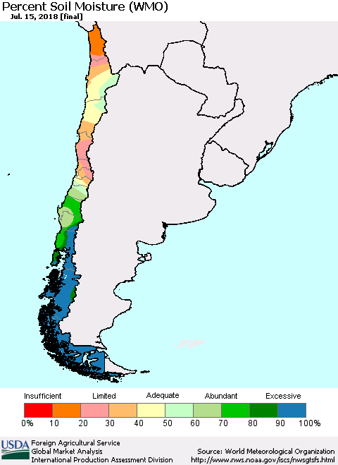 Chile Percent Soil Moisture (WMO) Thematic Map For 7/9/2018 - 7/15/2018
