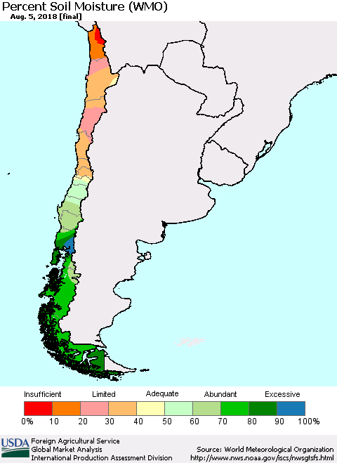 Chile Percent Soil Moisture (WMO) Thematic Map For 7/30/2018 - 8/5/2018