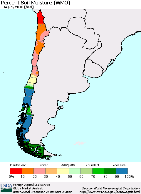 Chile Percent Soil Moisture (WMO) Thematic Map For 9/3/2018 - 9/9/2018