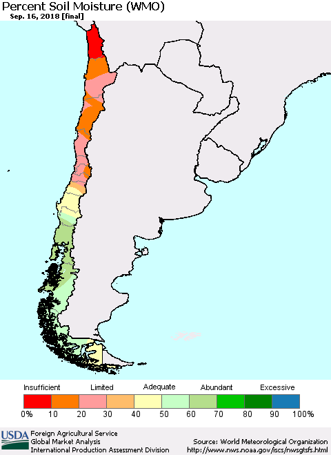 Chile Percent Soil Moisture (WMO) Thematic Map For 9/10/2018 - 9/16/2018
