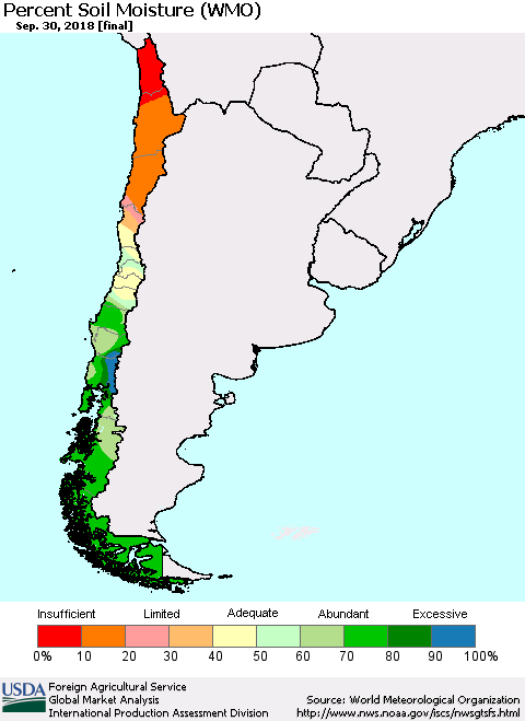 Chile Percent Soil Moisture (WMO) Thematic Map For 9/24/2018 - 9/30/2018
