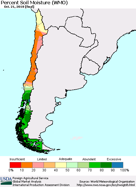 Chile Percent Soil Moisture (WMO) Thematic Map For 10/15/2018 - 10/21/2018