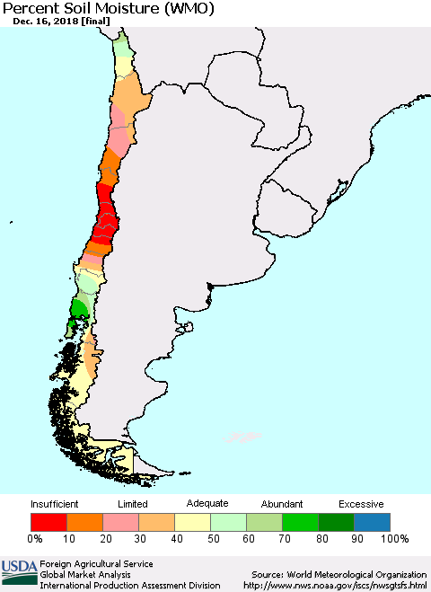 Chile Percent Soil Moisture (WMO) Thematic Map For 12/10/2018 - 12/16/2018