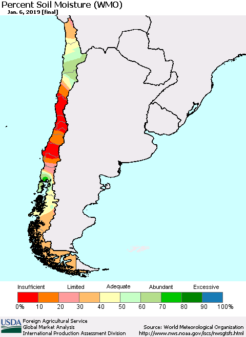 Chile Percent Soil Moisture (WMO) Thematic Map For 12/31/2018 - 1/6/2019