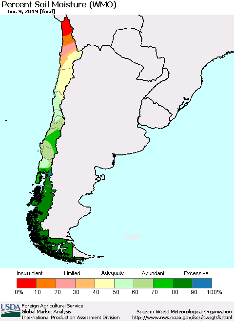 Chile Percent Soil Moisture (WMO) Thematic Map For 6/3/2019 - 6/9/2019
