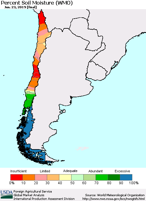 Chile Percent Soil Moisture (WMO) Thematic Map For 6/17/2019 - 6/23/2019