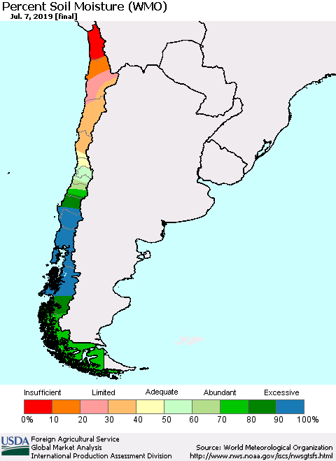 Chile Percent Soil Moisture (WMO) Thematic Map For 7/1/2019 - 7/7/2019