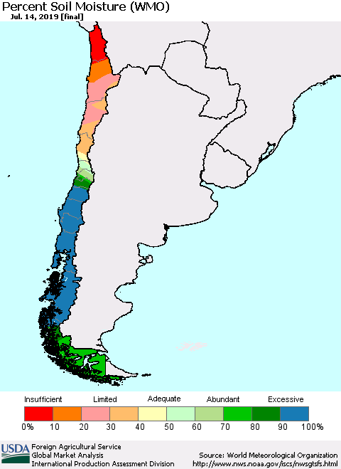 Chile Percent Soil Moisture (WMO) Thematic Map For 7/8/2019 - 7/14/2019