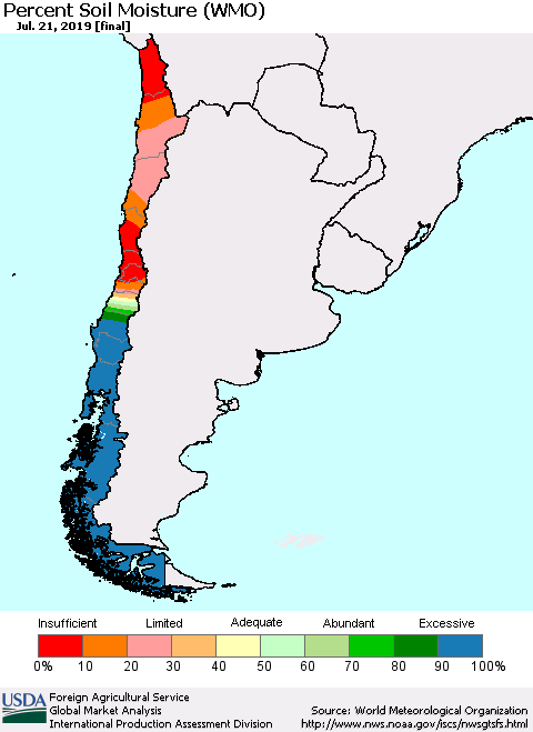 Chile Percent Soil Moisture (WMO) Thematic Map For 7/15/2019 - 7/21/2019
