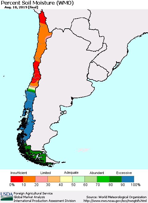 Chile Percent Soil Moisture (WMO) Thematic Map For 8/12/2019 - 8/18/2019