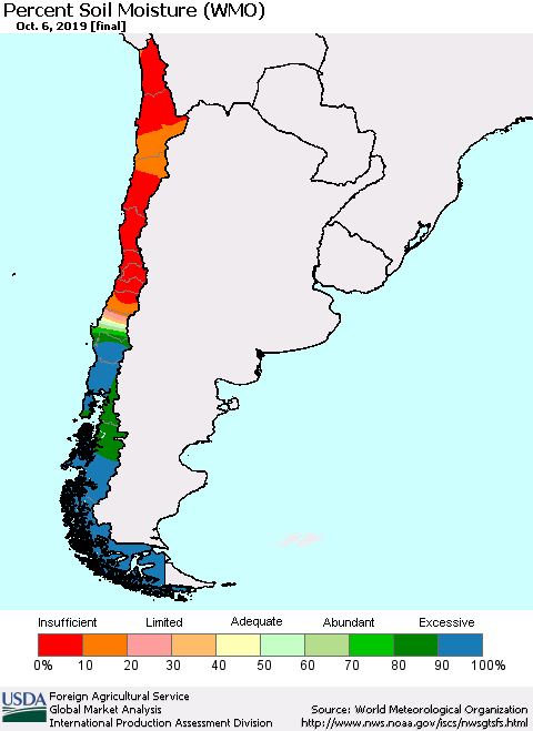 Chile Percent Soil Moisture (WMO) Thematic Map For 9/30/2019 - 10/6/2019