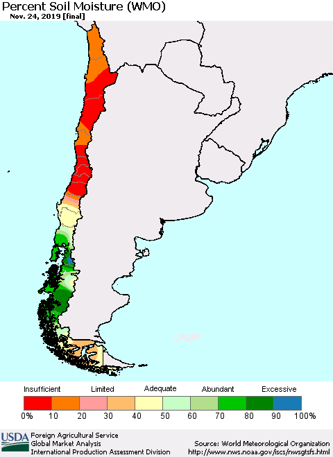 Chile Percent Soil Moisture (WMO) Thematic Map For 11/18/2019 - 11/24/2019
