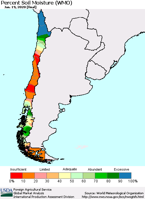 Chile Percent Soil Moisture (WMO) Thematic Map For 1/13/2020 - 1/19/2020