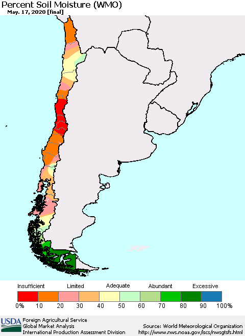 Chile Percent Soil Moisture (WMO) Thematic Map For 5/11/2020 - 5/17/2020