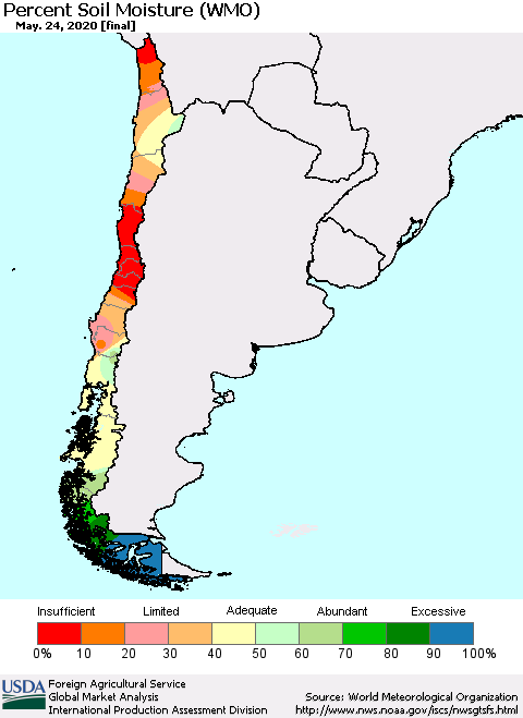 Chile Percent Soil Moisture (WMO) Thematic Map For 5/18/2020 - 5/24/2020