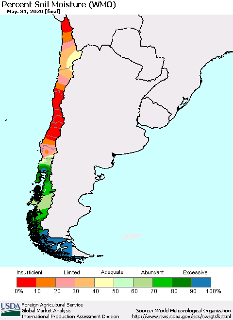 Chile Percent Soil Moisture (WMO) Thematic Map For 5/25/2020 - 5/31/2020