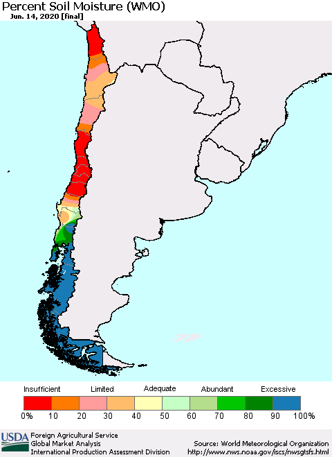 Chile Percent Soil Moisture (WMO) Thematic Map For 6/8/2020 - 6/14/2020