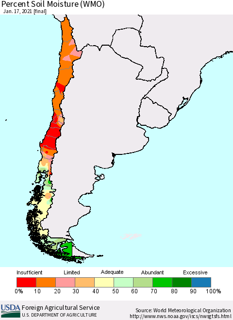 Chile Percent Soil Moisture (WMO) Thematic Map For 1/11/2021 - 1/17/2021