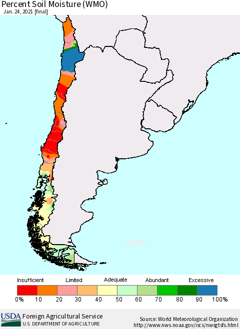 Chile Percent Soil Moisture (WMO) Thematic Map For 1/18/2021 - 1/24/2021