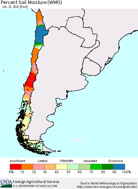 Chile Percent Soil Moisture (WMO) Thematic Map For 1/25/2021 - 1/31/2021