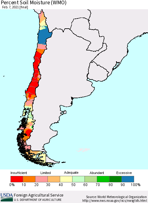 Chile Percent Soil Moisture (WMO) Thematic Map For 2/1/2021 - 2/7/2021