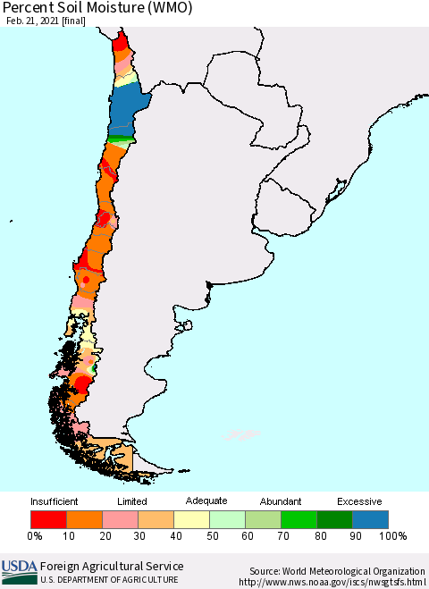Chile Percent Soil Moisture (WMO) Thematic Map For 2/15/2021 - 2/21/2021