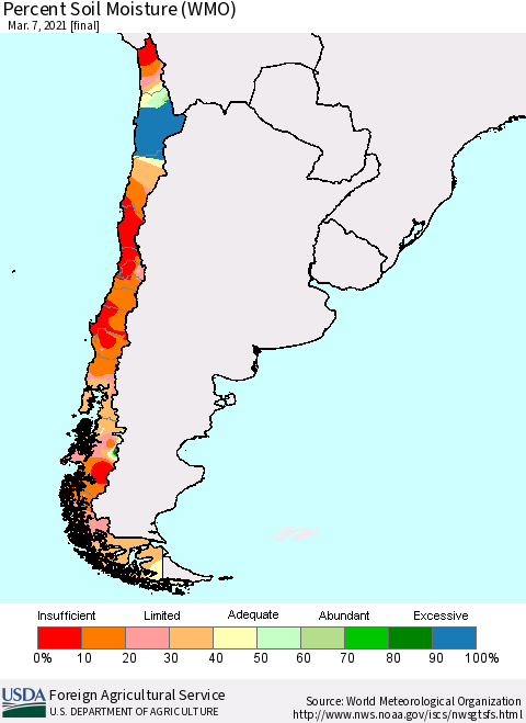 Chile Percent Soil Moisture (WMO) Thematic Map For 3/1/2021 - 3/7/2021