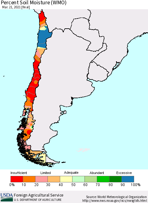 Chile Percent Soil Moisture (WMO) Thematic Map For 3/15/2021 - 3/21/2021