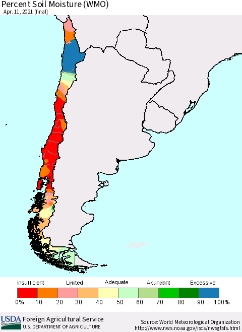 Chile Percent Soil Moisture (WMO) Thematic Map For 4/5/2021 - 4/11/2021