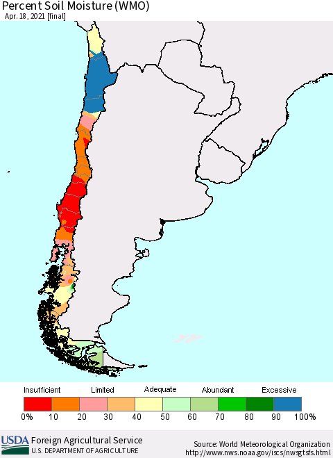 Chile Percent Soil Moisture (WMO) Thematic Map For 4/12/2021 - 4/18/2021