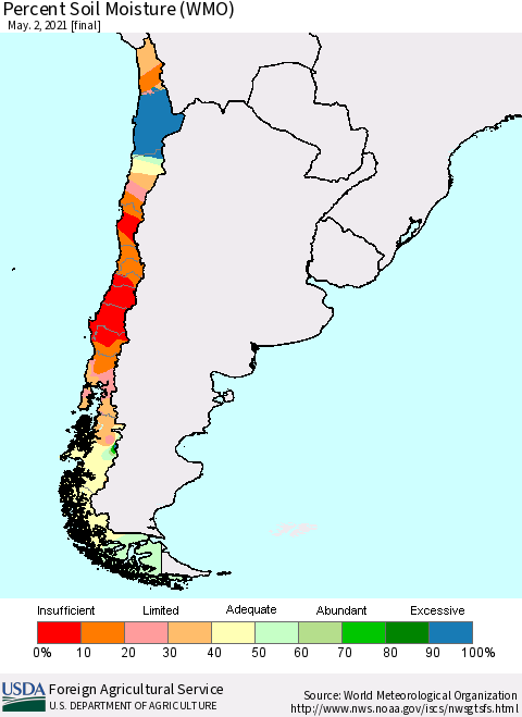 Chile Percent Soil Moisture (WMO) Thematic Map For 4/26/2021 - 5/2/2021