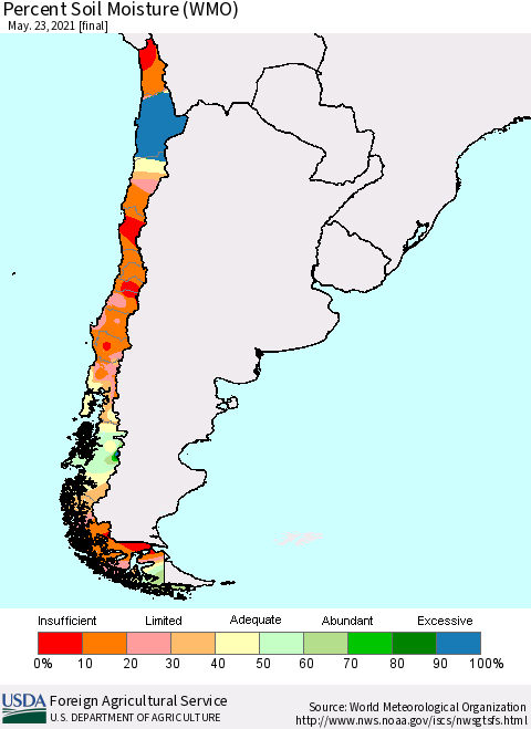Chile Percent Soil Moisture (WMO) Thematic Map For 5/17/2021 - 5/23/2021
