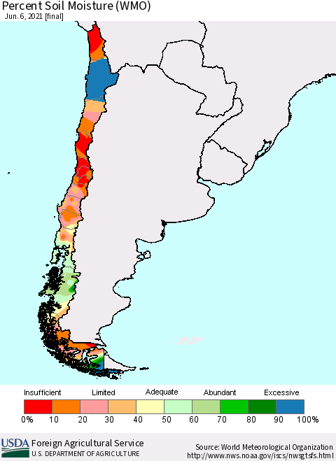 Chile Percent Soil Moisture (WMO) Thematic Map For 5/31/2021 - 6/6/2021