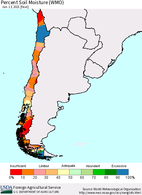 Chile Percent Soil Moisture (WMO) Thematic Map For 6/7/2021 - 6/13/2021