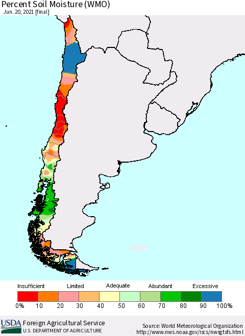 Chile Percent Soil Moisture (WMO) Thematic Map For 6/14/2021 - 6/20/2021
