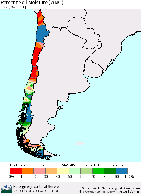 Chile Percent Soil Moisture (WMO) Thematic Map For 6/28/2021 - 7/4/2021