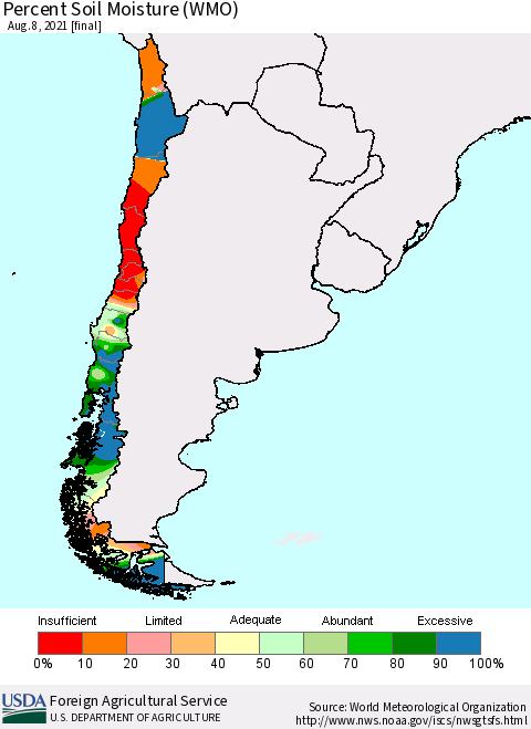 Chile Percent Soil Moisture (WMO) Thematic Map For 8/2/2021 - 8/8/2021