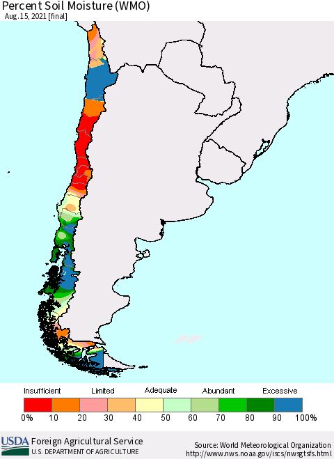 Chile Percent Soil Moisture (WMO) Thematic Map For 8/9/2021 - 8/15/2021