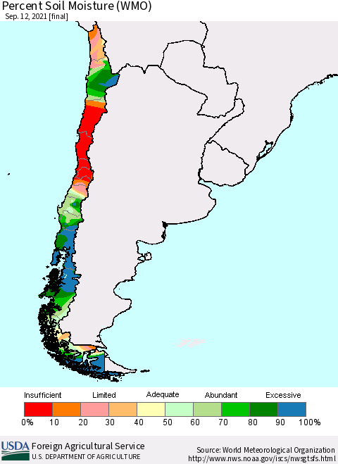 Chile Percent Soil Moisture (WMO) Thematic Map For 9/6/2021 - 9/12/2021