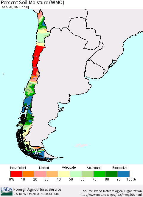 Chile Percent Soil Moisture (WMO) Thematic Map For 9/20/2021 - 9/26/2021
