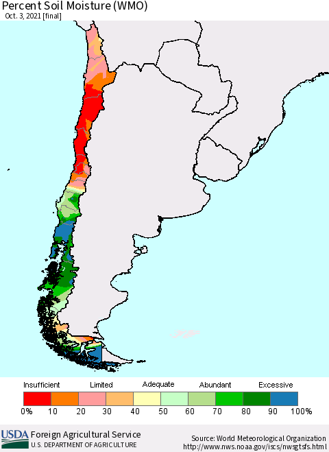 Chile Percent Soil Moisture (WMO) Thematic Map For 9/27/2021 - 10/3/2021
