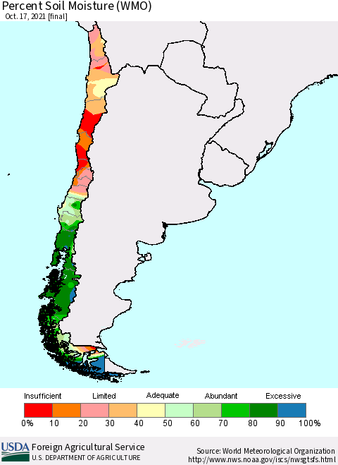 Chile Percent Soil Moisture (WMO) Thematic Map For 10/11/2021 - 10/17/2021