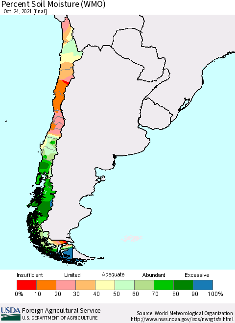 Chile Percent Soil Moisture (WMO) Thematic Map For 10/18/2021 - 10/24/2021