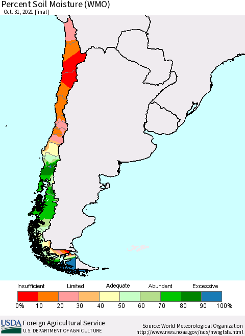 Chile Percent Soil Moisture (WMO) Thematic Map For 10/25/2021 - 10/31/2021