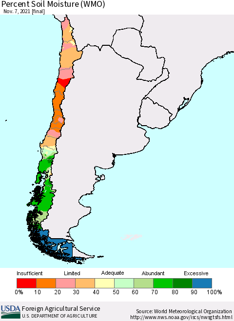 Chile Percent Soil Moisture (WMO) Thematic Map For 11/1/2021 - 11/7/2021