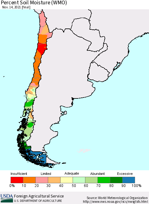 Chile Percent Soil Moisture (WMO) Thematic Map For 11/8/2021 - 11/14/2021